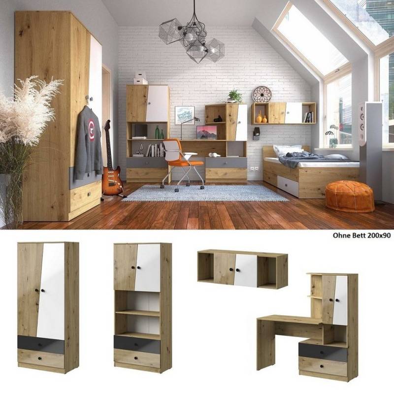 QMM TraumMöbel Jugendzimmer-Set Jugendzimmer komplett Neo Set B Schrank Regale - Hochglanz, (Möbel-Set, 4-tlg) von QMM TraumMöbel
