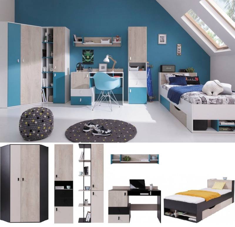 QMM TraumMöbel Jugendzimmer-Set Jugendzimmer komplett Space Set A Eckschrank Regale Bett, (Möbel-Set, 6-tlg., Eckschrank, Regale, Schreibtisch, Wandregal, Bett), Farbauswahl von QMM TraumMöbel