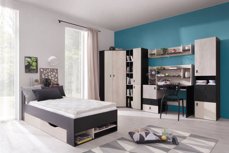 QMM TraumMöbel Jugendzimmer-Set Jugendzimmer komplett Space Set D Eckschrank Regale Bett, (Möbel-Set, 7-tlg., Eckschrank, Regale, Schreibtisch mit Regalaufsatz, Wandregal, Bett), Farbauswahl von QMM TraumMöbel