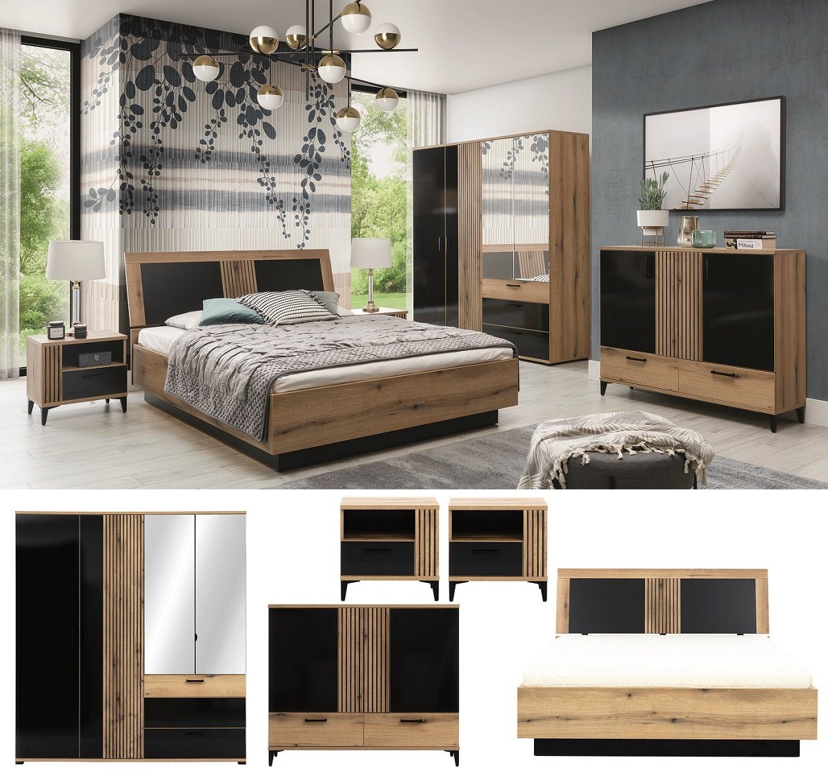 QMM TraumMöbel Schlafzimmer-Set Schlafzimmer Aria Set B Bett Schrank Nachttische Kommode LED von QMM TraumMöbel