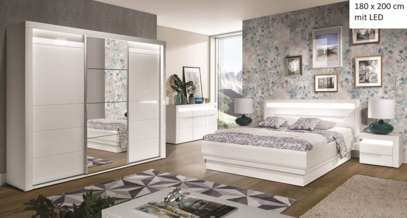 QMM TraumMöbel Schlafzimmer-Set Schlafzimmer komplett Iris Set C 160x200 / 180x200 LED, (Set, 4-tlg., Schiebetürschrank mit LED, Doppelbett 160/180x200, 2 Nachttische), mit LED-Beleuchtung von QMM TraumMöbel