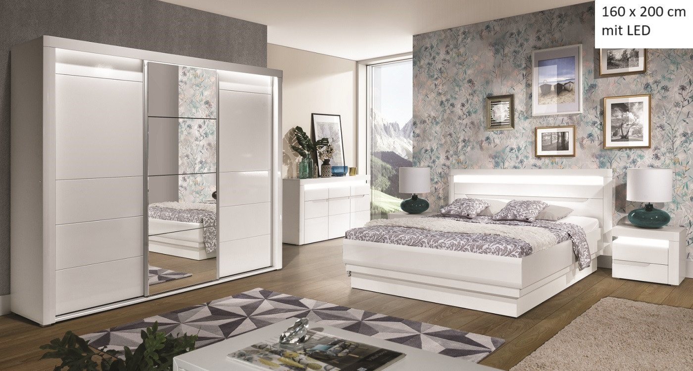 QMM TraumMöbel Schlafzimmer-Set Schlafzimmer komplett Iris Set C 160x200 / 180x200 LED, (Set, 4-tlg., Schiebetürschrank mit LED, Doppelbett 160/180x200, 2 Nachttische), mit LED-Beleuchtung von QMM TraumMöbel