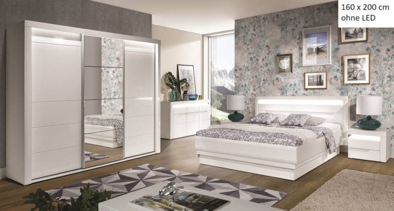 QMM TraumMöbel Schlafzimmer-Set Schlafzimmer komplett Iris Set C 160x200 / 180x200 LED, (Set, 4-tlg., Schiebetürschrank mit LED, Doppelbett 160/180x200, 2 Nachttische), mit LED-Beleuchtung von QMM TraumMöbel