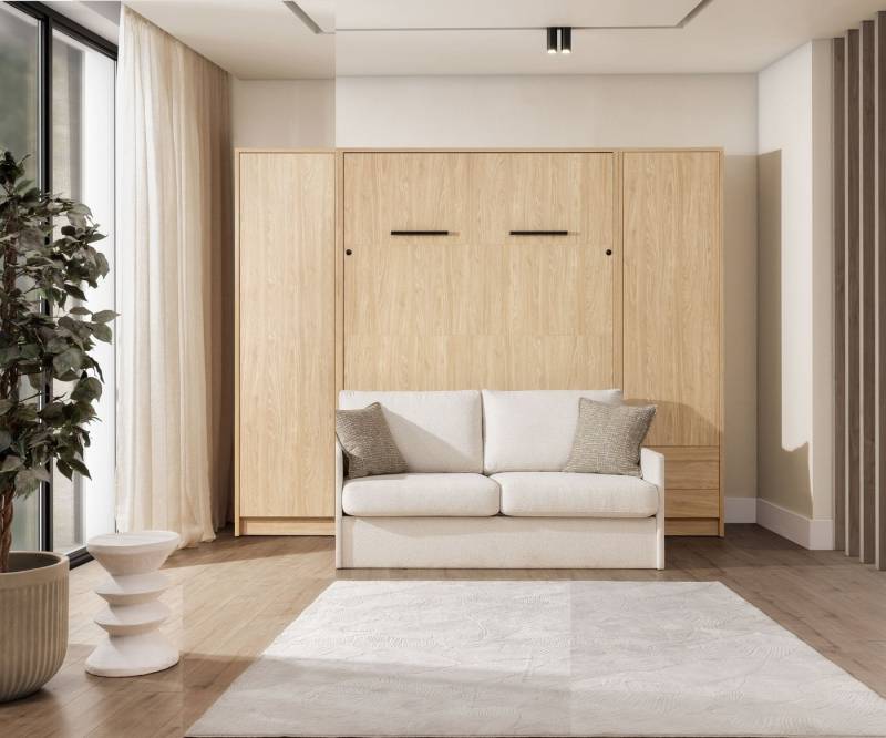 QMM TraumMöbel Schrankbett Wandbett GN 140x200 eiche geölt mit LED, 2 Schränken und Sofa (Schrankbett mit Sofa und 2 Schränken) vertikal klappbar, mit LED-Beleuchtung mit Fernbedienung von QMM TraumMöbel
