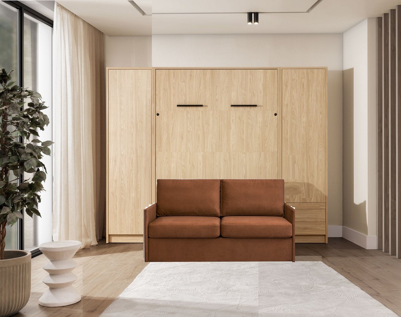 QMM TraumMöbel Schrankbett Wandbett GN 140x200 eiche geölt mit LED, 2 Schränken und Sofa (Schrankbett mit Sofa und 2 Schränken) vertikal klappbar, mit LED-Beleuchtung mit Fernbedienung von QMM TraumMöbel