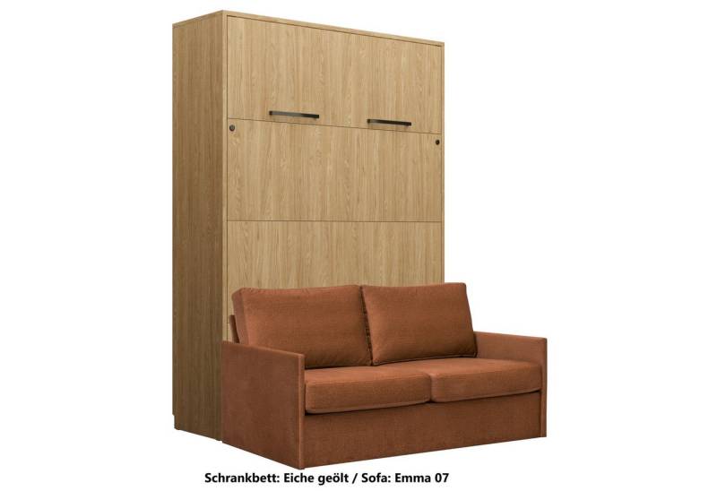 QMM TraumMöbel Schrankbett Wandbett GN 140x200 eiche geölt mit LED & Sofa vertikal klappbar, mit LED-Beleuchtung mit Fernbedienung von QMM TraumMöbel