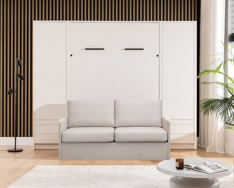 QMM TraumMöbel Schrankbett Wandbett GN 140x200 weiß mit LED, 2 Schränken und Sofa (Schrankbett mit Sofa und 2 Schränken) vertikal klappbar, mit LED-Beleuchtung mit Fernbedienung von QMM TraumMöbel