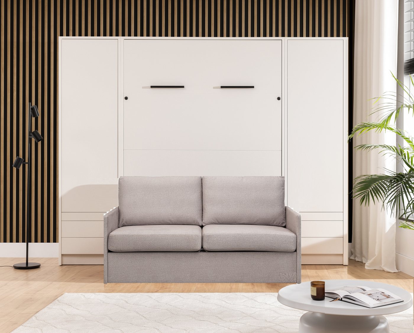 QMM TraumMöbel Schrankbett Wandbett GN 140x200 weiß mit LED, 2 Schränken und Sofa (Schrankbett mit Sofa und 2 Schränken) vertikal klappbar, mit LED-Beleuchtung mit Fernbedienung von QMM TraumMöbel