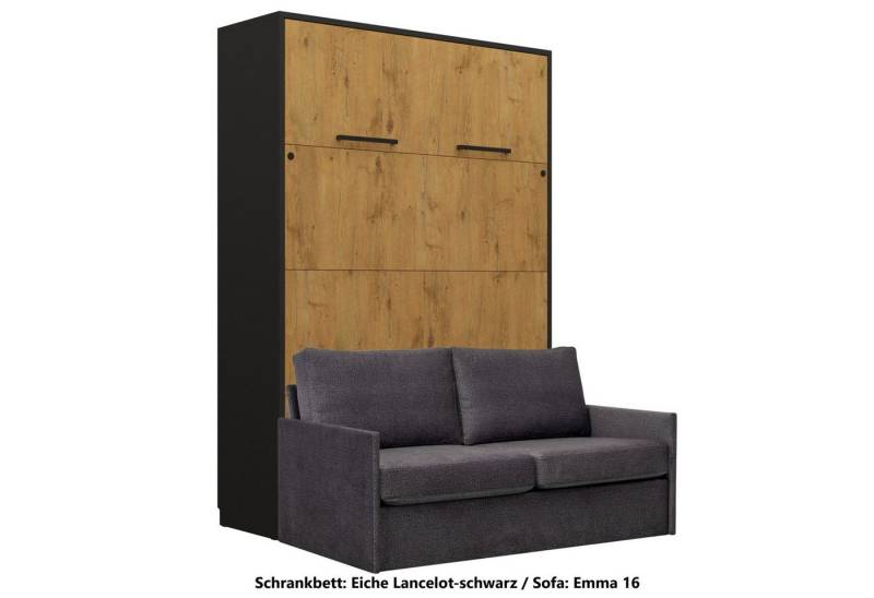 QMM TraumMöbel Schrankbett Wandbett GN140x200 eiche lancelot-schwarz mit LED & Sofa vertikal klappbar, mit LED-Beleuchtung mit Fernbedienung von QMM TraumMöbel