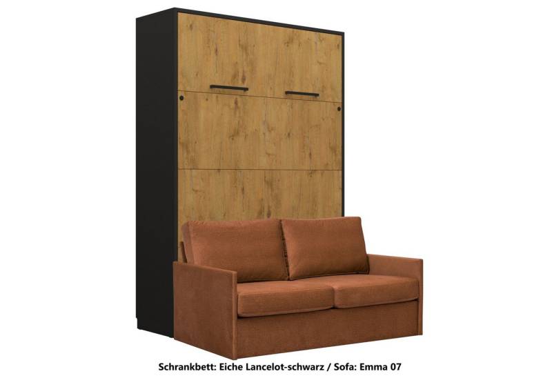 QMM TraumMöbel Schrankbett Wandbett GN140x200 eiche lancelot-schwarz mit LED & Sofa vertikal klappbar, mit LED-Beleuchtung mit Fernbedienung von QMM TraumMöbel
