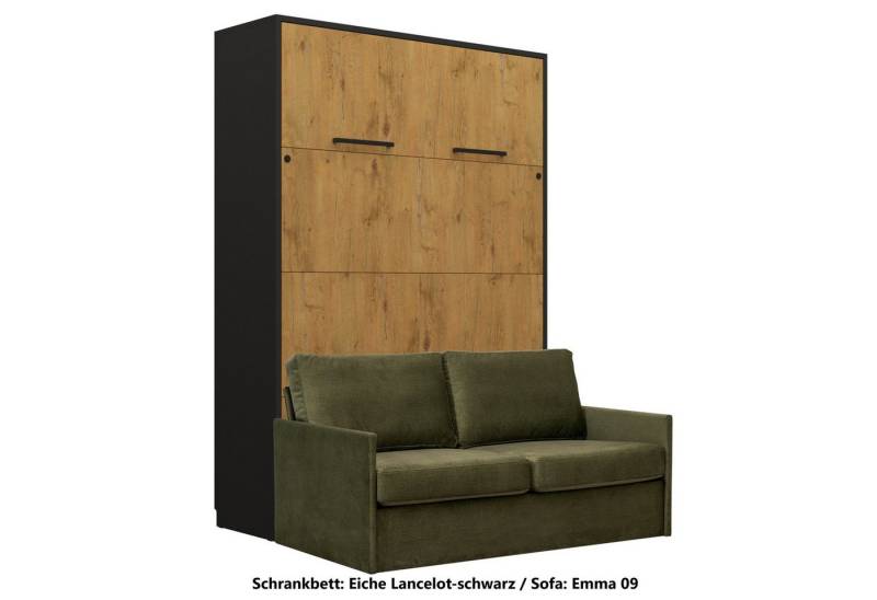 QMM TraumMöbel Schrankbett Wandbett GN140x200 eiche lancelot-schwarz mit LED & Sofa vertikal klappbar, mit LED-Beleuchtung mit Fernbedienung von QMM TraumMöbel