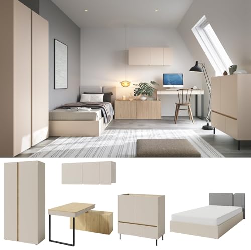 QMM Jugendzimmer Kinderzimmer komplett Laris Set A Schrank 2-türig Kommode Schreibtisch Wandregal Bett 200x120 Farbauswahl (Sandbeige - Eiche geölt) von QMM