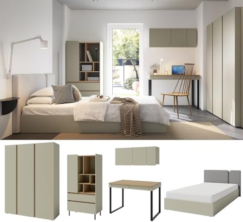 QMM Jugendzimmer Kinderzimmer komplett Laris Set B Schrank 3-türig Regal Schreibtisch Wandregal Bett 200x120 Farbauswahl (Eukalyptus - Eiche Baltic Dune) von QMM