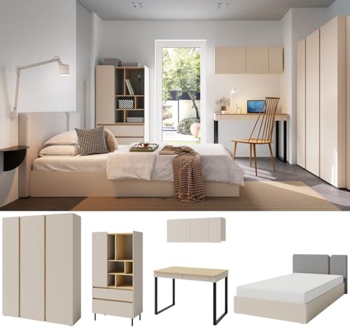QMM Jugendzimmer Kinderzimmer komplett Laris Set B Schrank 3-türig Regal Schreibtisch Wandregal Bett 200x120 Farbauswahl (Sandbeige - Eiche geölt) von QMM