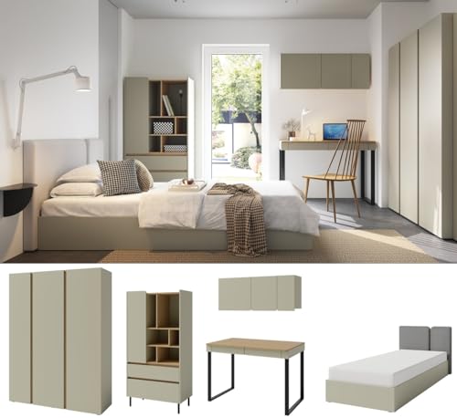 QMM Jugendzimmer Kinderzimmer komplett Laris Set B Schrank 3-türig Regal Schreibtisch Wandregal Bett 200x90 Farbauswahl (Eukalyptus - Eiche Baltic Dune) von QMM