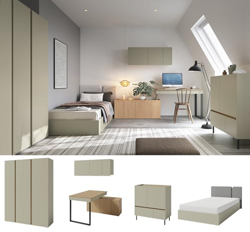 QMM Jugendzimmer Kinderzimmer komplett Laris Set C Schrank 3-türig Kommode Schreibtisch Wandregal Bett 200x120 Farbauswahl (Eukalyptus - Eiche Baltic Dune) von QMM