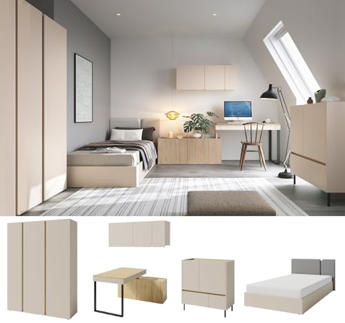 QMM Jugendzimmer Kinderzimmer komplett Laris Set C Schrank 3-türig Kommode Schreibtisch Wandregal Bett 200x120 Farbauswahl (Sandbeige - Eiche geölt) von QMM