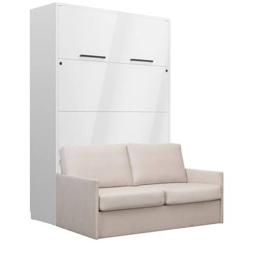 QMM Schrankbett Wandbett vertikal GN 140x200 weiß Hochglanz mit LED und Sofa (Beige - Emma 03) von QMM