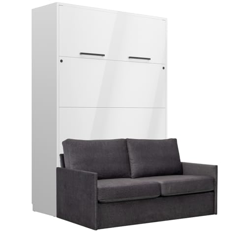 QMM Schrankbett Wandbett vertikal GN 140x200 weiß Hochglanz mit LED und Sofa (Dunkelgrau - Emma 16) von QMM