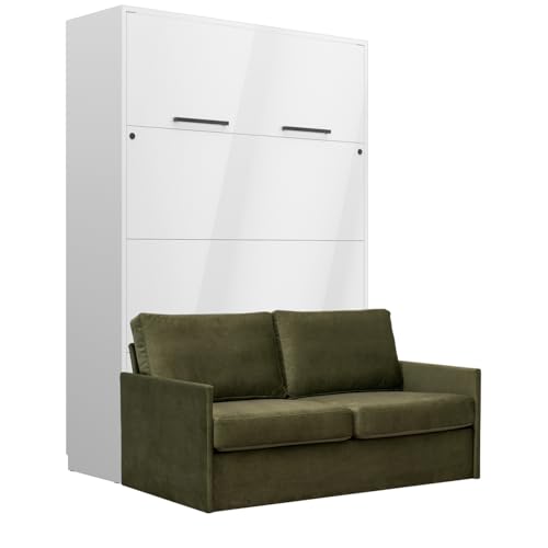 QMM Schrankbett Wandbett vertikal GN 140x200 weiß Hochglanz mit LED und Sofa (Grün - Emma 09) von QMM
