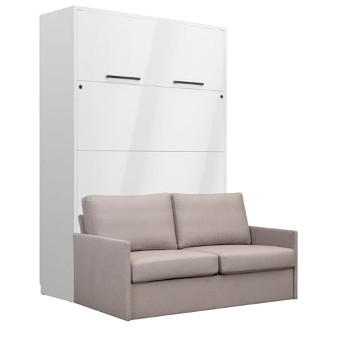 QMM Schrankbett Wandbett vertikal GN 140x200 weiß Hochglanz mit LED und Sofa (Hellgrau - Emma 04) von QMM