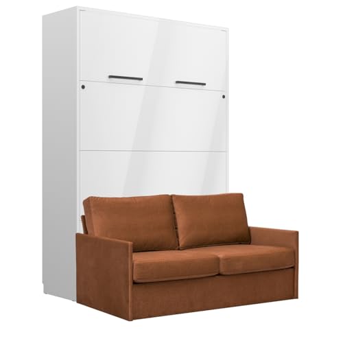 QMM Schrankbett Wandbett vertikal GN 140x200 weiß Hochglanz mit LED und Sofa (Nussbraun - Emma 07) von QMM