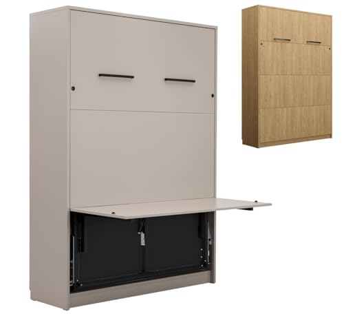 QMM Schrankbett Wandklappbett vertikal GN 120x200 mit LED und Schreibtisch weiß, Eiche, Congo (Eiche geölt) von QMM