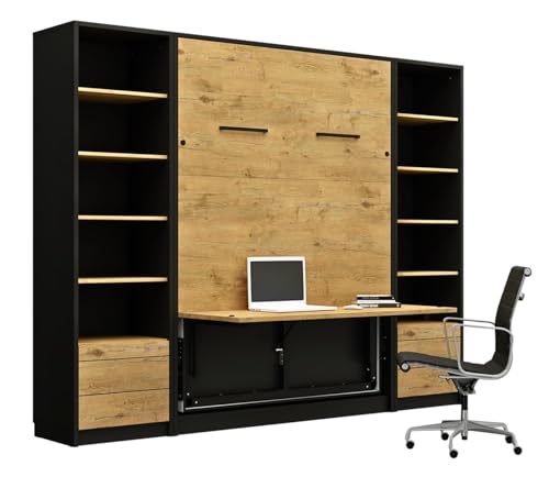 QMM Schrankbett Wandklappbett vertikal GN 120x200 mit Schreibtisch, LED und 2 Regalen weiß, Eiche, Congo Schlafzimmer-Set (Eiche Lancelot & Schwarz) von QMM