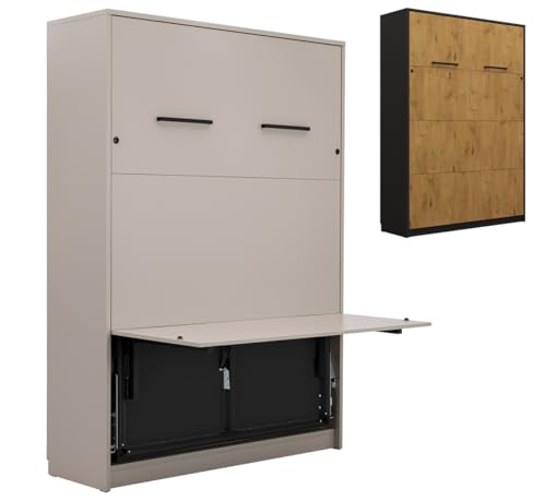 QMM Schrankbett Wandklappbett vertikal GN 140x200 mit LED und Schreibtisch weiß, Eiche, Congo (Eiche Lancelot & Schwarz) von QMM