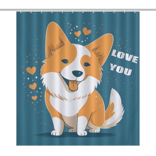 Corgi I Love You Boho-Duschvorhänge, Dekoration, wasserdicht, Bauernhaus-Badezimmervorhang mit 12 Haken, modern, extra lang, waschbarer Stoff, dekorativer Badvorhang, 168 x 183 cm von QMNBTES