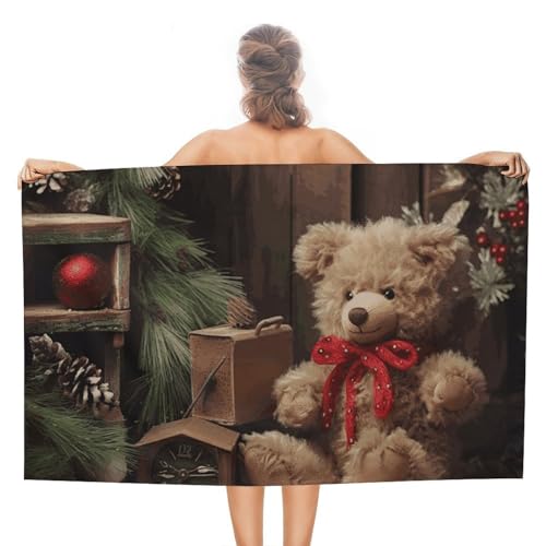QMNBTES Strandtücher mit Weihnachtsbaumzweig, Bärenpuppe, übergroß, 130 x 78 cm, schnell trocknend, sandfrei, Pool-Handtuch, super saugfähig, türkisches Reisehandtuch für Erwachsene, personalisiertes von QMNBTES