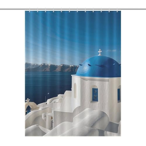 Santorini Duschvorhang mit griechischem Meerblick, Boho, Dekoration, wasserdicht, Bauernhaus-Badezimmervorhang mit 12 Haken, modern, extra lang, waschbarer Stoff, dekorativer Badvorhang, 140 x 183 cm von QMNBTES