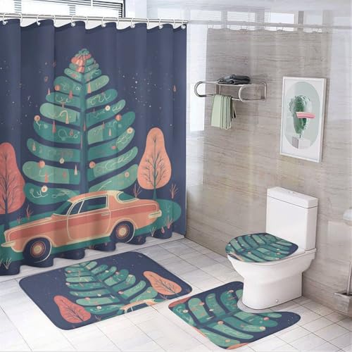 Es gibt ein Auto unter dem Baum, 4-teiliges wasserdichtes und rutschfestes Badezimmer-Set: Teppich, Duschvorhang, WC-Deckel-Set mit rutschfestem Korallen-Fleece-Pad von QMNLKH