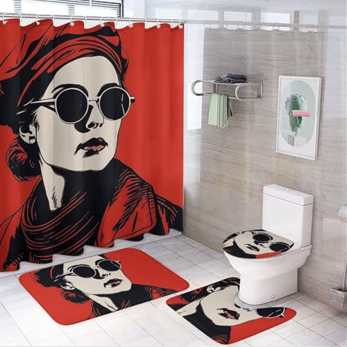 Mädchen mit Hut, 4-teiliges wasserdichtes und rutschfestes Badezimmer-Set: Teppich, Duschvorhang, WC-Abdeckungs-Set mit rutschfestem Korallen-Fleece-Pad von QMNLKH