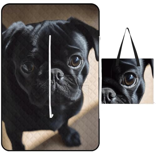 QMNLKH Faltbare Outdoor-Picknickdecke mit Reißverschluss, Picknick-Matte, schwarzer Mops, Hund, Welpen, wasserdichte Stranddecke für Damen und Herren, Picknick, Camping von QMNLKH