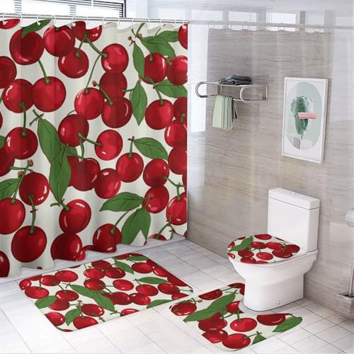 Red Cherries 4-teiliges wasserdichtes und rutschfestes Badezimmer-Set: Teppich, Duschvorhang, WC-Abdeckungs-Set mit rutschfestem Korallen-Fleece-Pad von QMNLKH