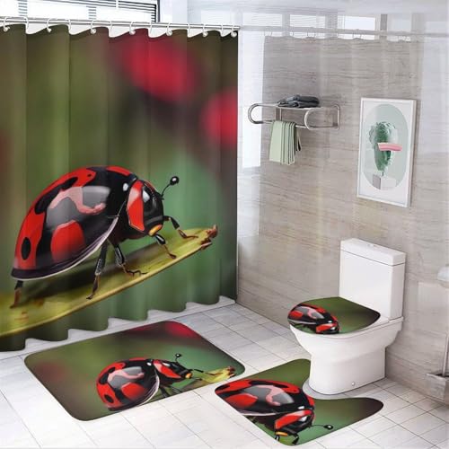Red Ladybug Dasisy 4-teiliges wasserdichtes und rutschfestes Badezimmer-Set: Teppich, Duschvorhang, WC-Abdeckungs-Set mit rutschfestem Korallen-Fleece-Pad von QMNLKH
