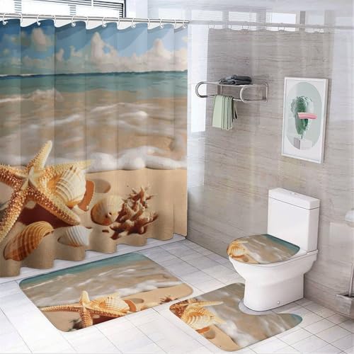 Seashells Seestern am Strand, 4-teiliges wasserdichtes und rutschfestes Badezimmer-Set: Teppich, Duschvorhang, WC-Deckel-Set mit Anti-Rutsch-Korallen-Fleece-Pad von QMNLKH