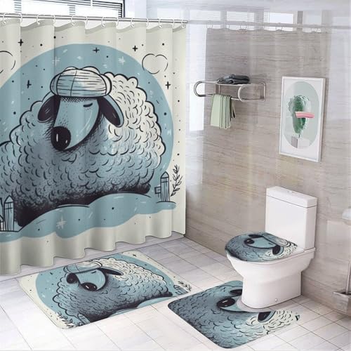 Sleep Well Handgezeichnetes 4-teiliges wasserdichtes und rutschfestes Badezimmer-Set: Teppich, Duschvorhang, WC-Deckel-Set mit rutschfestem Korallen-Fleece-Pad von QMNLKH