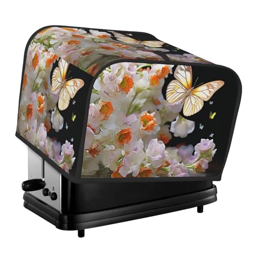 4-Scheiben-Toaster-Abdeckung mit zwei Taschen zur Aufbewahrung von Messern, superweiche Geräteabdeckungen, Schmetterlinge, Narzissen, Blumen, Staubschutz für Küche, kleine Ofenabdeckung, Küche, Brot von QMNSEHF