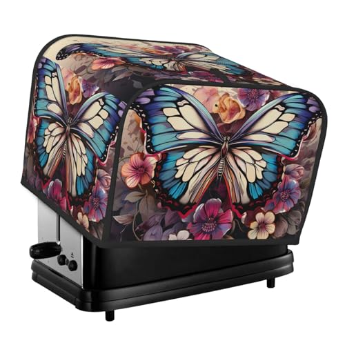 4-Scheiben-Toaster-Abdeckung mit zwei Taschen zur Aufbewahrung von Messern, superweiche Geräteabdeckungen, Schmetterlings-Blumen-Staubschutz für Küche, kleine Ofenabdeckung, Küche, Brotmaschine von QMNSEHF