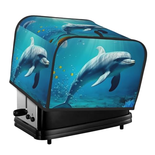 4-Scheiben-Toaster-Abdeckung mit zwei Taschen zur Aufbewahrung von Messern, superweiche Geräteabdeckungen, Unterwasserwelt, Delfin, Fisch, Staubschutz für Küche, kleine Ofenabdeckung, Küche, Brot von QMNSEHF