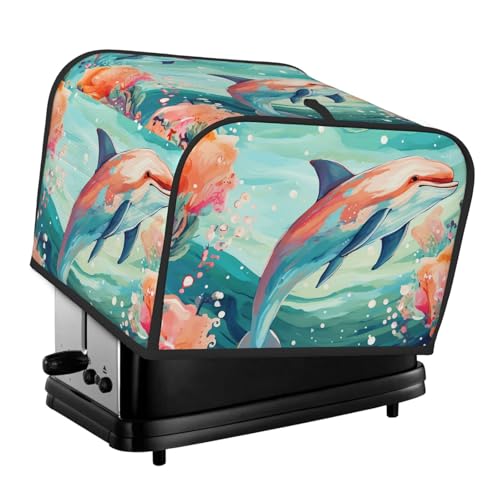 4-Scheiben-Toaster-Abdeckung mit zwei Taschen zur Aufbewahrung von Messern, superweiche Geräteabdeckungen, schöne Delfine, Staubschutz für Küche, kleine Ofenabdeckung, Küche, Brotmaschine von QMNSEHF