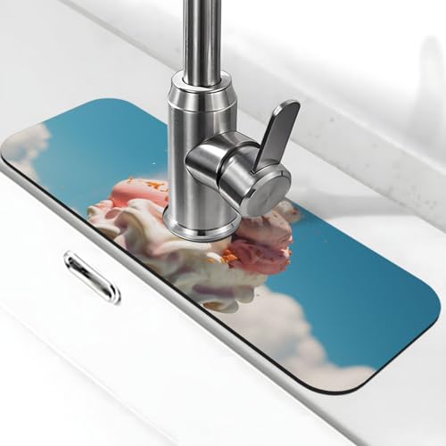 Bewölkte Eiscreme-Wasserhahnmatte für Küchenspüle, Anti-Rutsch-Wasserhahn-Pad, Spritzfänger, Kieselgur, schnell trocknender Stein, Wasserhahngriff, Tropfenfänger-Tablett, Matte für Waschbecken von QMNSEHF