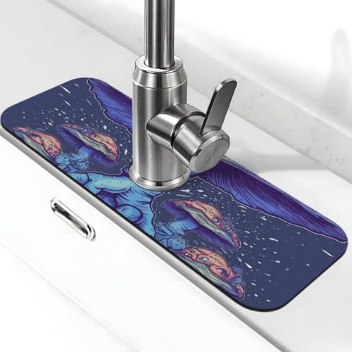 Blauer Pilz-Tanz-Wasserhahn-Matte für Küchenspüle, rutschfester Wasserhahn-Pad, Spritzfänger, Kieselgur, schnell trocknender Stein-Wasserhahn-Griff, Tropffänger-Tablett, Matte für Badezimmer von QMNSEHF