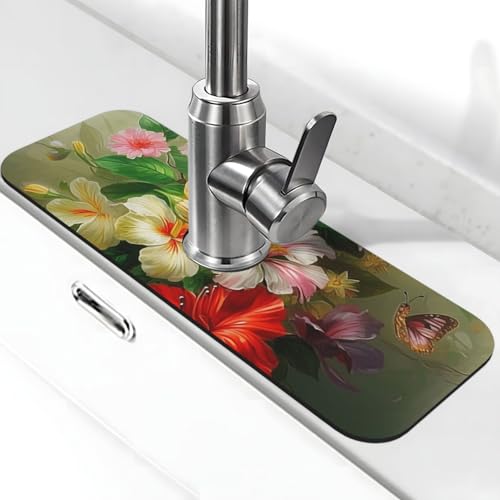 Blumenstrauß Wasserhahnmatte für Küchenspüle, Anti-Rutsch-Wasserhahn-Pad, Spritzfänger, Kieselgur, schnell trocknender Stein, Wasserhahngriff, Tropffänger-Tablett, Matte für Badezimmer, Waschbecken von QMNSEHF