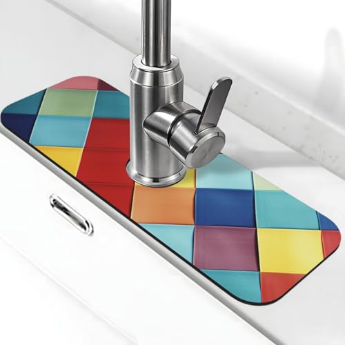 Bunte karierte Wasserhahnmatte für Küchenspüle, rutschfeste Wasserhahn-Pad, Spritzfänger, Kieselgur, schnell trocknender Stein, Wasserhahngriff, Tropffangmatte für Badezimmer, Waschbecken von QMNSEHF