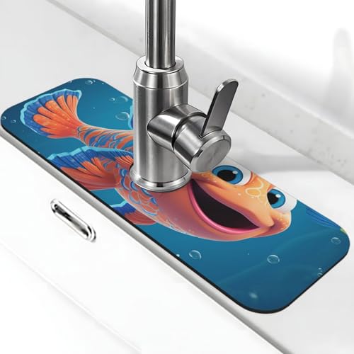 Cartoon-Seefisch-Wasserhahn-Matte für Küchenspüle, Anti-Rutsch-Wasserhahn-Pad, Spritzfänger, Kieselgur, schnell trocknender Stein, Wasserhahngriff, Tropfenfänger-Tablett, Matte für Badezimmer von QMNSEHF
