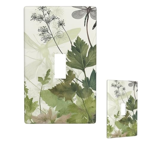 Dekorateur Wandplatte, 1-Gang-Kippschalter-Abdeckung, Standardgröße 11,4 x 7 cm, einzelne Wippe, Wandplatte, Blattwerk und Kräuter mit Libellen, Flügelsteckdose, Abdeckung für Steckdosendekoration von QMNSEHF