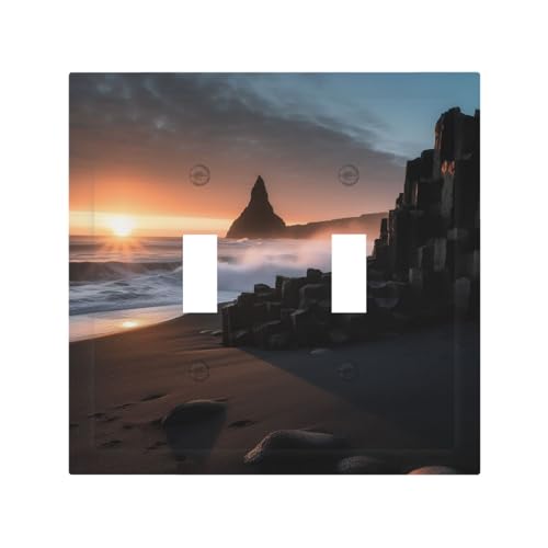 Dekorateur Wandplatte, 2-Gang-Kippschalter-Abdeckung, mittlere Größe, 12,7 x 12,4 cm, einzelne Wipp-Wandplatte, Buchsensteckdosenabdeckungen, Sonnenaufgang am Reynisfjara, Strand, Steckdosenabdeckung von QMNSEHF